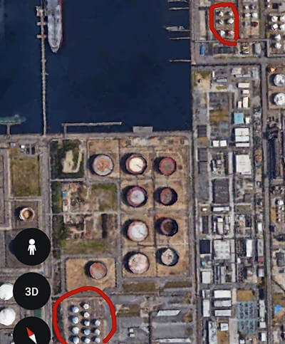 大阪製油所のLPGガスタンクとの位置関係の写真