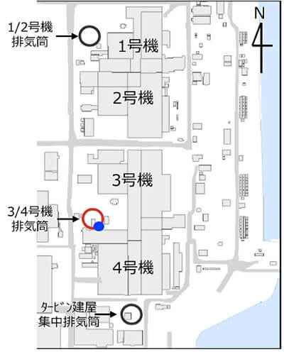 福島原発1号機～4号機の配置図