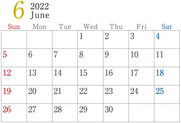 2022年6月のカレンダー